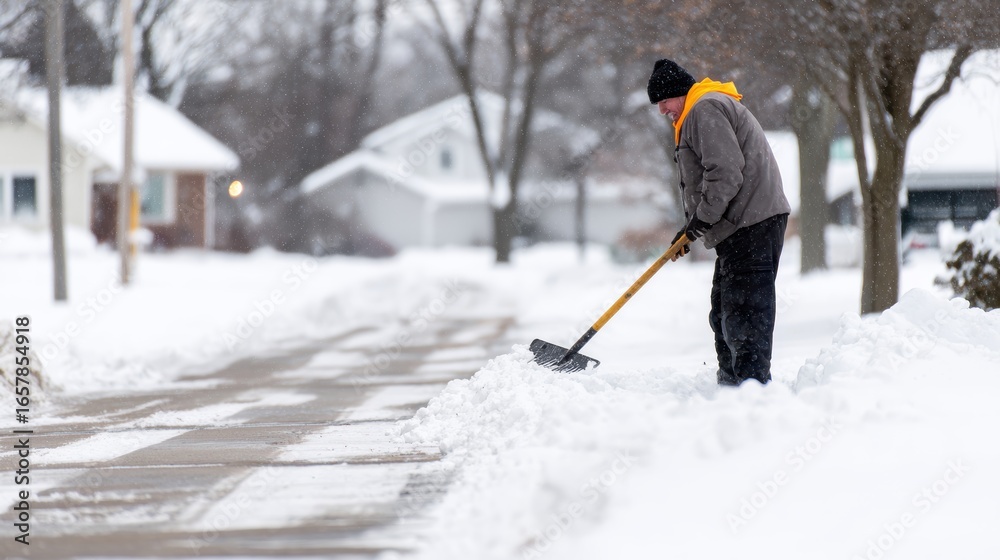 Naklejka premium Man shoveling snow on a residential street during winter, with houses and trees in the background