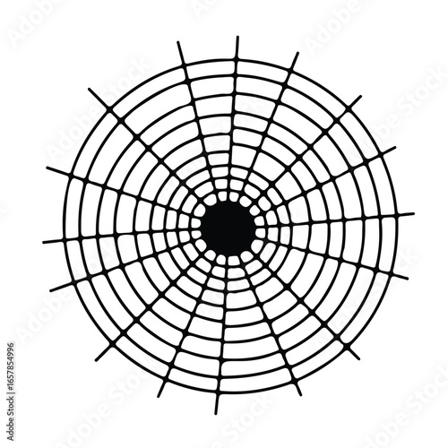 Vector illustration of a bullet-holed target with a spider web pattern and grid lines for Halloween, spider web, intricate, black and white, symmetrical, geometric