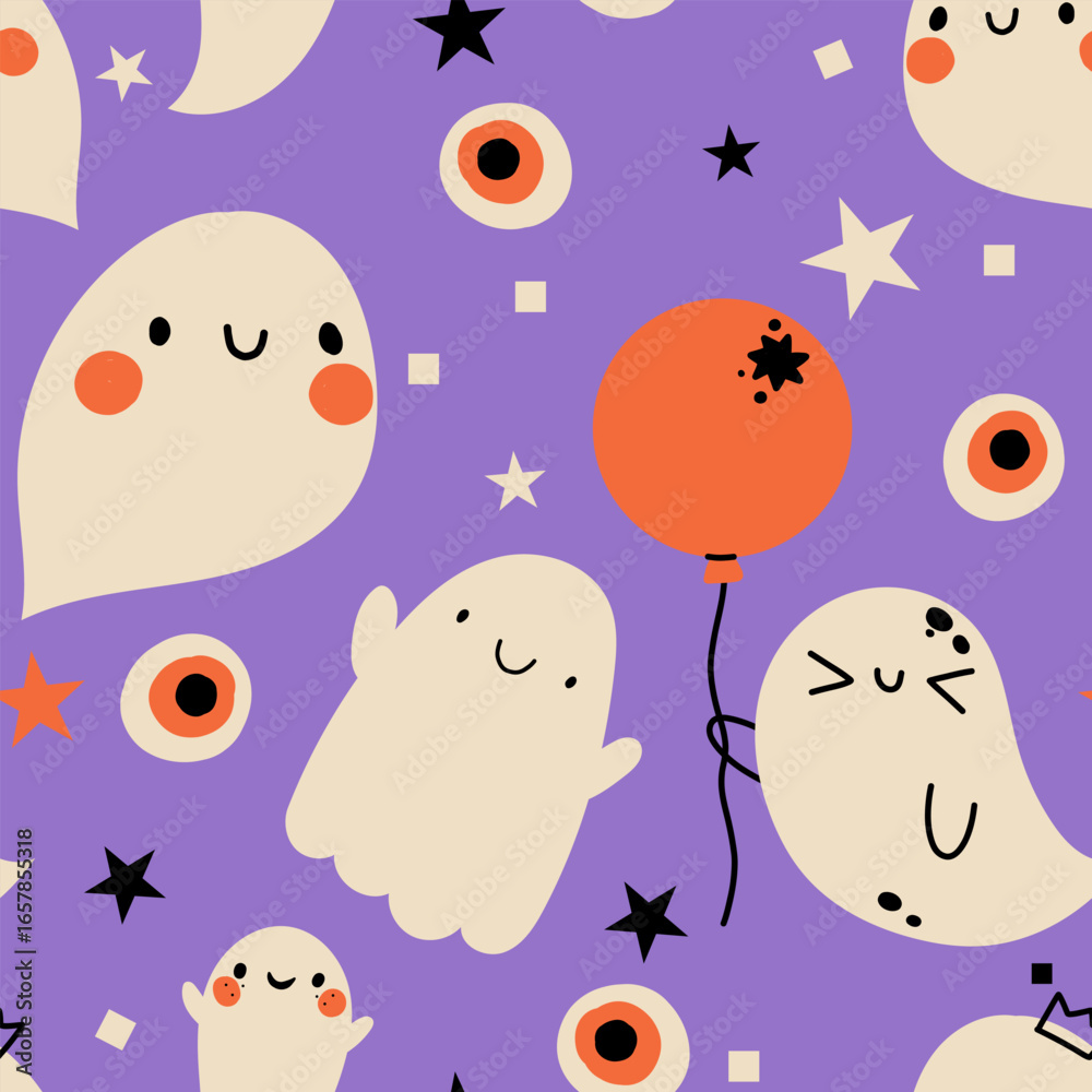 Naklejka premium Cute halloween seamless pattern ghost vector pumpkin characters spooky backdrop for wrapping paper, poster, cartoon autumn fall print set. Trick or treat childish toddler print