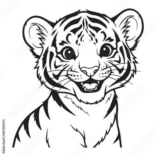 Drawing of a tiger cub with stripes and a happy expression