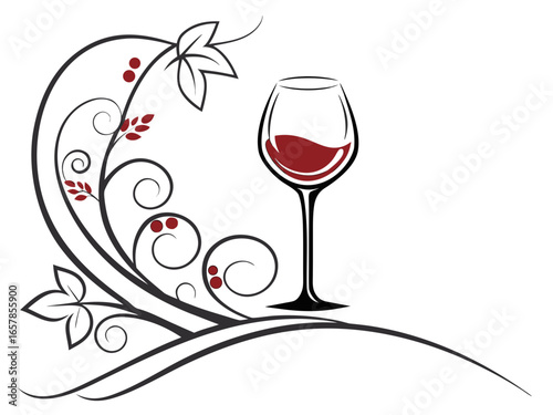 Elegant Black and White Wine Glass with Grapes and Vines , A stylized, black and white graphic of a wine glass surrounded by grape vines and swirls. 