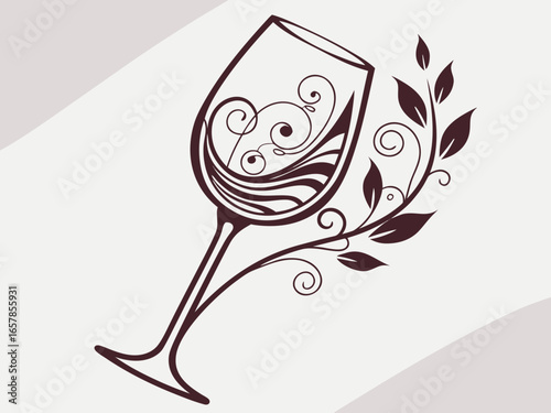 Elegant Black and White Wine Glass with Grapes and Vines , A stylized, black and white graphic of a wine glass surrounded by grape vines and swirls. 