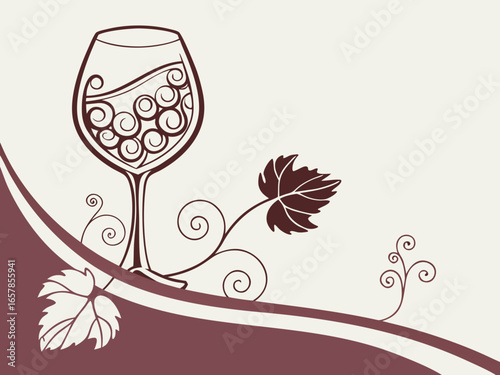 Elegant Black and White Wine Glass with Grapes and Vines , A stylized, black and white graphic of a wine glass surrounded by grape vines and swirls. 