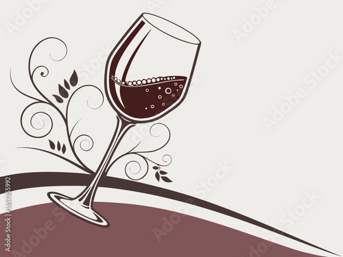 Elegant Black and White Wine Glass with Grapes and Vines , A stylized, black and white graphic of a wine glass surrounded by grape vines and swirls. 