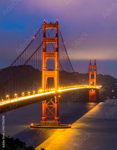 Illuminated suspension bridge at twilight, reflected in calm water