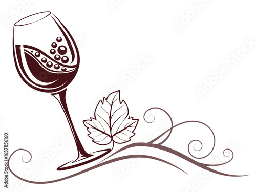 Elegant Black and White Wine Glass with Grapes and Vines , A stylized, black and white graphic of a wine glass surrounded by grape vines and swirls. 