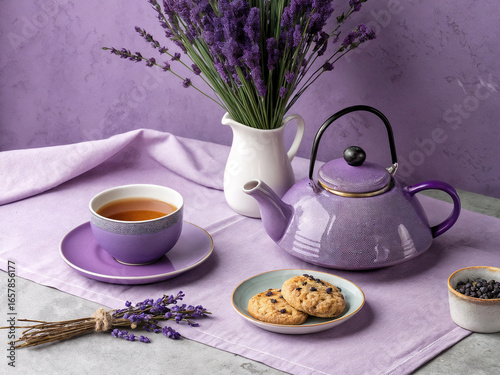 features a purple tea set on a lilac tablecloth, accompanied by lavender cookies, a vase of lavender flowers, and a small bowl of lavender buds.