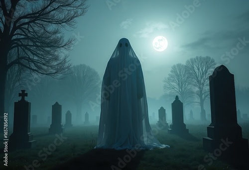 A ghostly figure in a white sheet stands amidst a misty graveyard under a full moon.