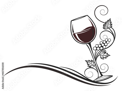 Elegant Black and White Wine Glass with Grapes and Vines , A stylized, black and white graphic of a wine glass surrounded by grape vines and swirls. 