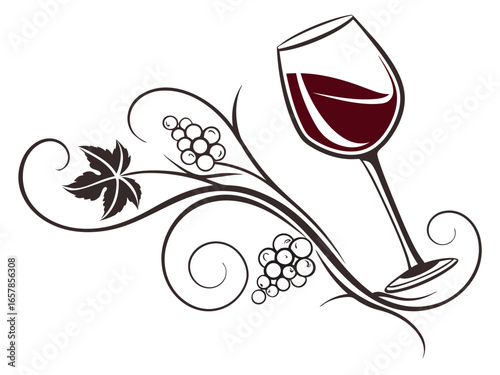 Elegant Black and White Wine Glass with Grapes and Vines , A stylized, black and white graphic of a wine glass surrounded by grape vines and swirls. 