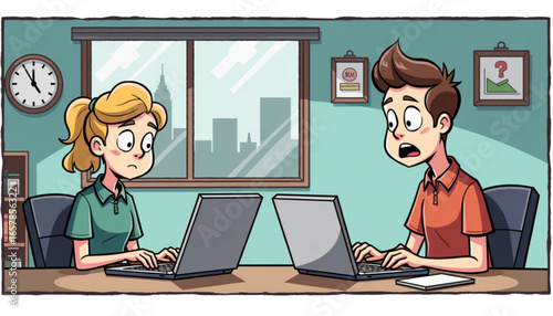 Concerned young students discussing homework with laptops in modern classroom setting