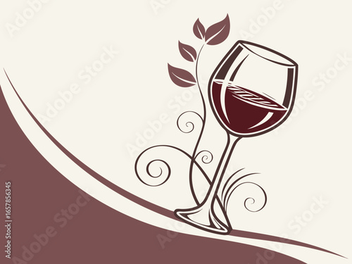 Elegant Black and White Wine Glass with Grapes and Vines , A stylized, black and white graphic of a wine glass surrounded by grape vines and swirls. 