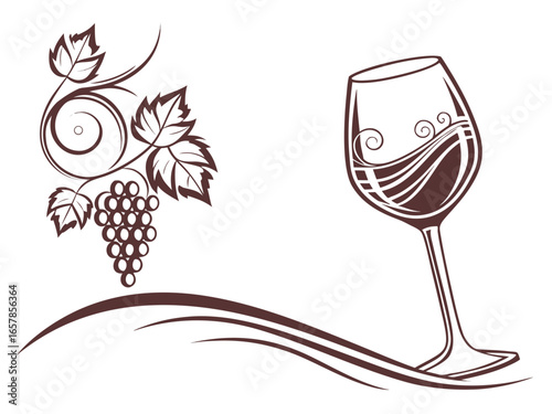 Elegant Black and White Wine Glass with Grapes and Vines , A stylized, black and white graphic of a wine glass surrounded by grape vines and swirls. 