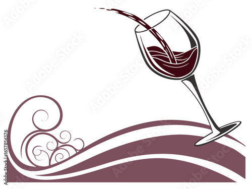 Elegant Black and White Wine Glass with Grapes and Vines , A stylized, black and white graphic of a wine glass surrounded by grape vines and swirls. 