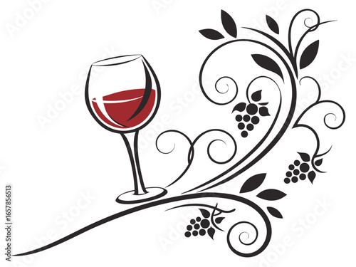 Elegant Black and White Wine Glass with Grapes and Vines , A stylized, black and white graphic of a wine glass surrounded by grape vines and swirls. 