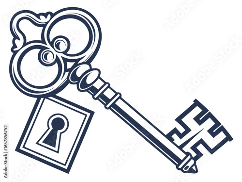 Vintage Key and Padlock, a symbol of security and secrets. A stylized, graphic illustration of an antique key and padlock, evoking a sense of security, secrecy, and history.