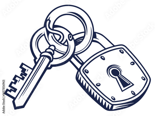 Vintage Key and Padlock, a symbol of security and secrets. A stylized, graphic illustration of an antique key and padlock, evoking a sense of security, secrecy, and history.