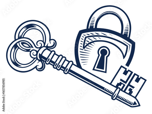 Vintage Key and Padlock, a symbol of security and secrets. A stylized, graphic illustration of an antique key and padlock, evoking a sense of security, secrecy, and history.
