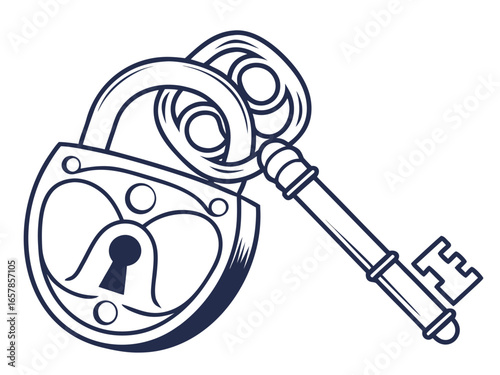 Vintage Key and Padlock, a symbol of security and secrets. A stylized, graphic illustration of an antique key and padlock, evoking a sense of security, secrecy, and history.