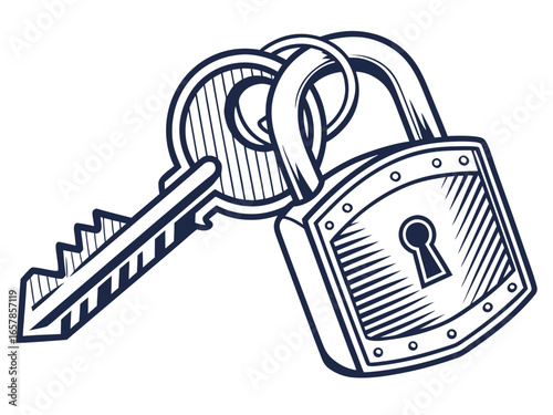 Vintage Key and Padlock, a symbol of security and secrets. A stylized, graphic illustration of an antique key and padlock, evoking a sense of security, secrecy, and history.