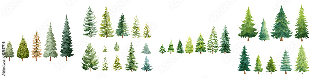 Obraz premium Watercolor Christmas Trees Collection: Evergreen Trees Isolated on White