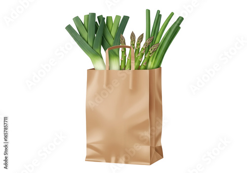 Produce in a brown paper bag with leeks and asparagus isolated on transparent background