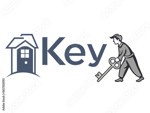 Elegant vintage key graphic for real estate or business. A simple, stylized, vintage-style key graphic overlays the word "KEY" in a clean, modern design. 