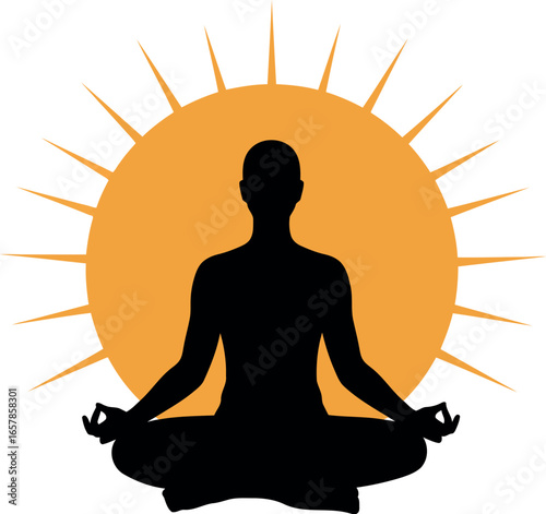 Silhouette of a person meditating in a lotus pose with a bright sunburst behind them symbolizing peace and enlightenment