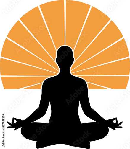 Silhouette of a person meditating in a lotus pose against a radiating sunburst symbolizing inner peace and enlightenment