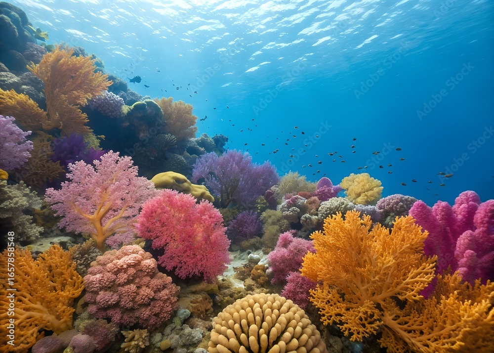 Obraz premium aquarium background.aquarium backgrounds.Dense underwater jungle aquarium with red and green plants, tropical fish, and panoramic vibrant aquatic scenery for interior display.