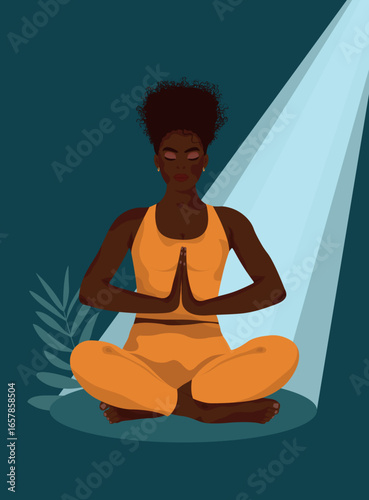 Black women in lotus position on a dark blue background in the moonlight. Poster for yoga studio. Vector illustration.