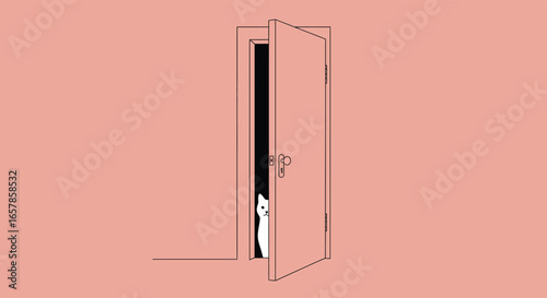 A minimalist illustration of a cat peeking out from behind a slightly open door, creating a sense of curiosity and mystery in a simple design