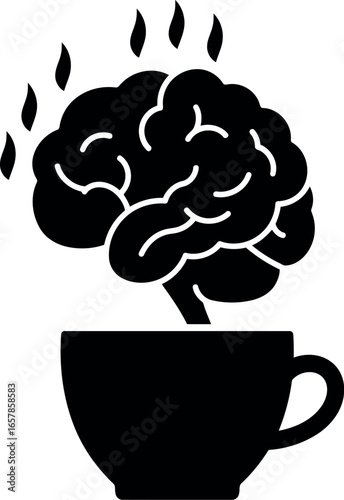 Black silhouette of a human brain emerging from a coffee cup with steam rising symbolizing mental stimulation and focus from caffeine