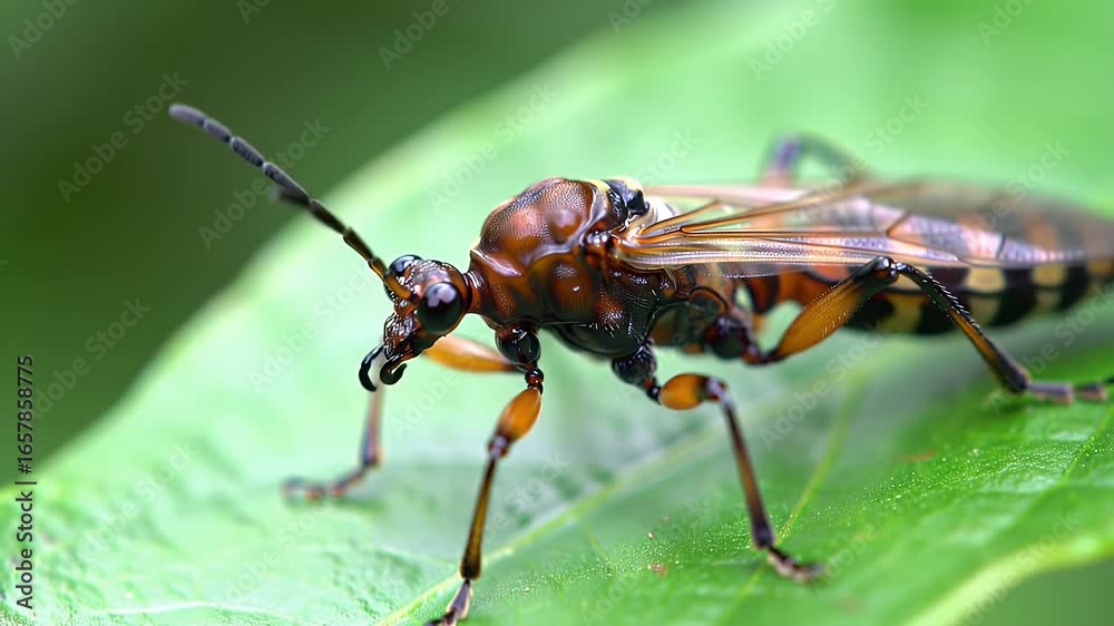 Detailed Close Up of Brown Insect Resting on a Vibrant Green Leaf in Natural Habitat Detailed Close Up of Brown Insect Resting on a Vibrant Green Leaf in Natural Habitat