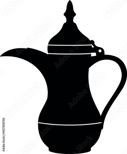 Elegant silhouette of a traditional arabic dallah coffee pot with a curved handle and ornate lid on a white background