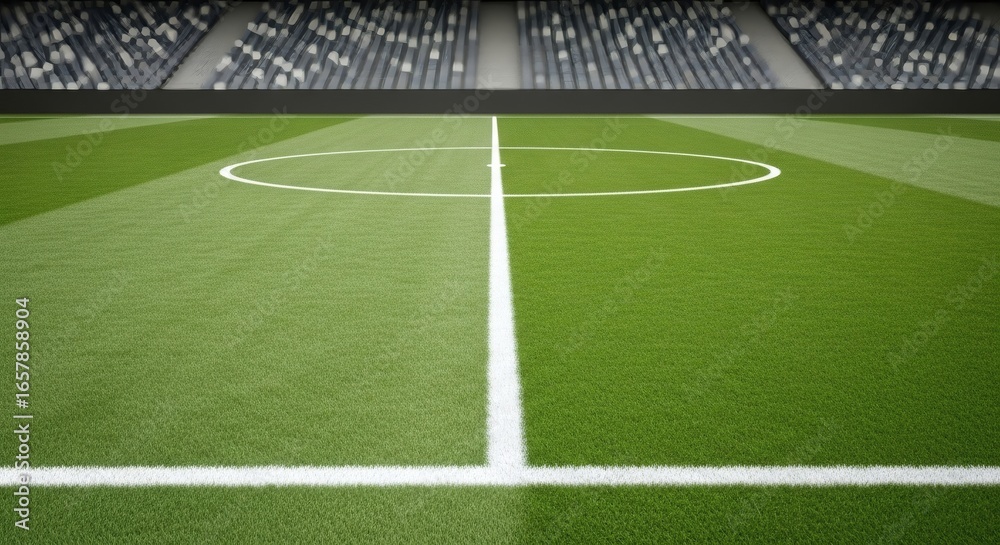 Fototapeta premium A perfectly manicured green football pitch with the center circle marking on a pristine turf in an empty professional sports stadium.