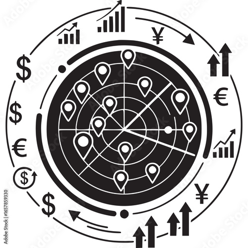 Radar chart with business and finance icons, currency symbols and location pins isolated on white background, perfect for market analysis and growth tracking