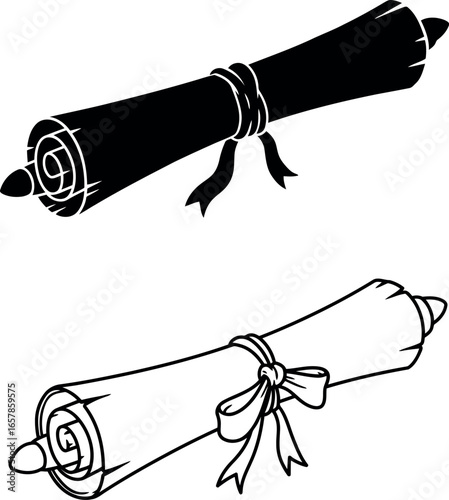 Two stylized illustrations of rolled scrolls tied with ribbons one in black silhouette and one in white outline on a dark background