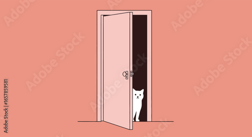 A minimalist illustration of a cat peeking out from behind a slightly open door, creating a sense of curiosity and mystery in a simple design