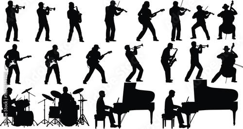 Silhouette, musician, playing, instrument, trumpet, violin, guitar, saxophone, drum, piano, performance, music, posture, gesture, activity, vector, illustration, concert, band, art