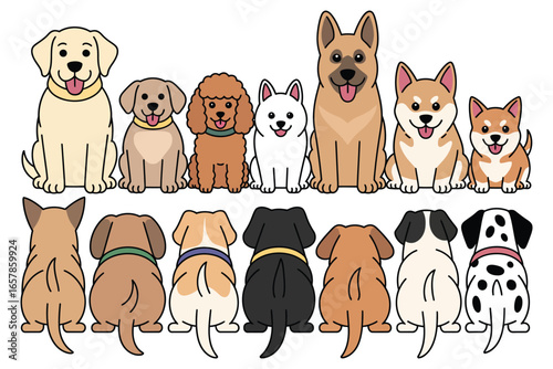 Set of Cartoon Dogs Walking Toward and Away – Fun, Friendly Pet Illustrations from Front and Rear Angles, Ideal for Design Projects, Stickers, and Kids Media.