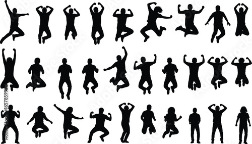 Silhouette, people, jumping, pose, action, movement, posture, energetic, lifestyle, activity, motion, human, vector, illustration, dynamic, gesture, performance, sport, art, design
