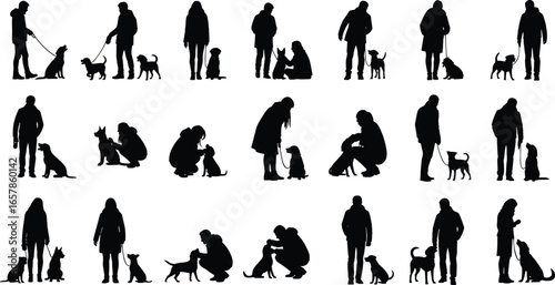 Silhouette, people, dog, pet, interaction, walking, sitting, standing, jumping, bonding, lifestyle, activity, posture, gesture, vector, illustration, companionship, animal, love, care
