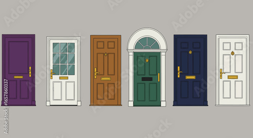 A collection of various colorful doors with different designs and styles, showcasing architectural diversity and creative home design elements