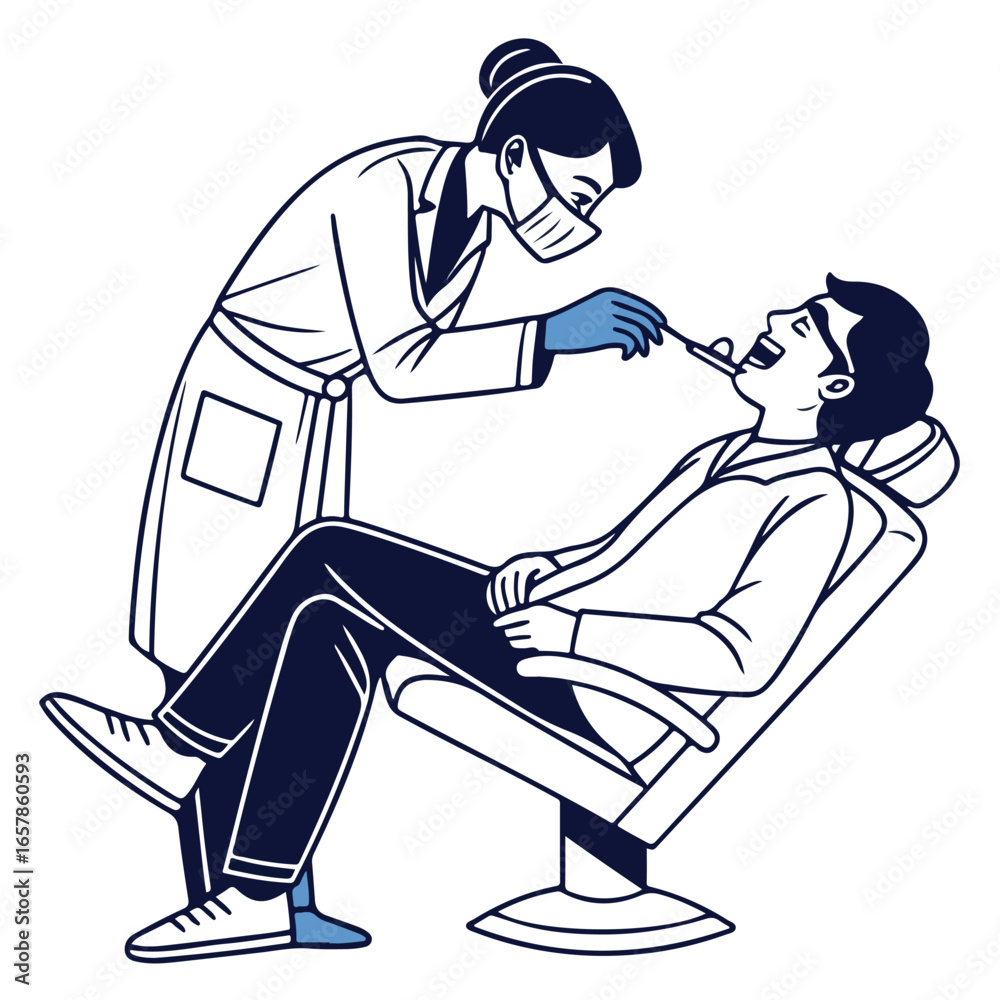 Obraz premium Dentist performing oral checkup on a patient in a clinic chair, perfect for healthcare, medical, and dental treatment design projects