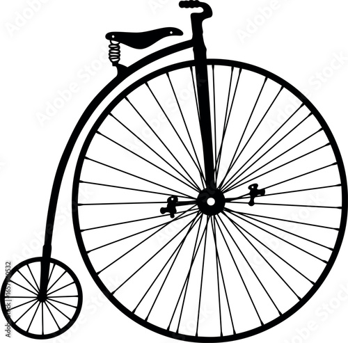 Classic black and white illustration of an antique high wheel bicycle also known as a penny farthing bicycle