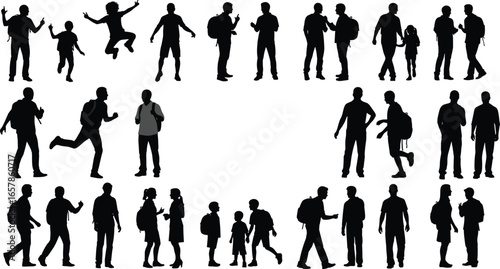 Silhouette, people, walking, talking, standing, running, jumping, interacting, backpack, casual, gesture, movement, lifestyle, activity, human, vector, illustration, posture, motion, leisure