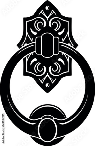 Ornate black metal door knocker with decorative backplate and ring handle on white background