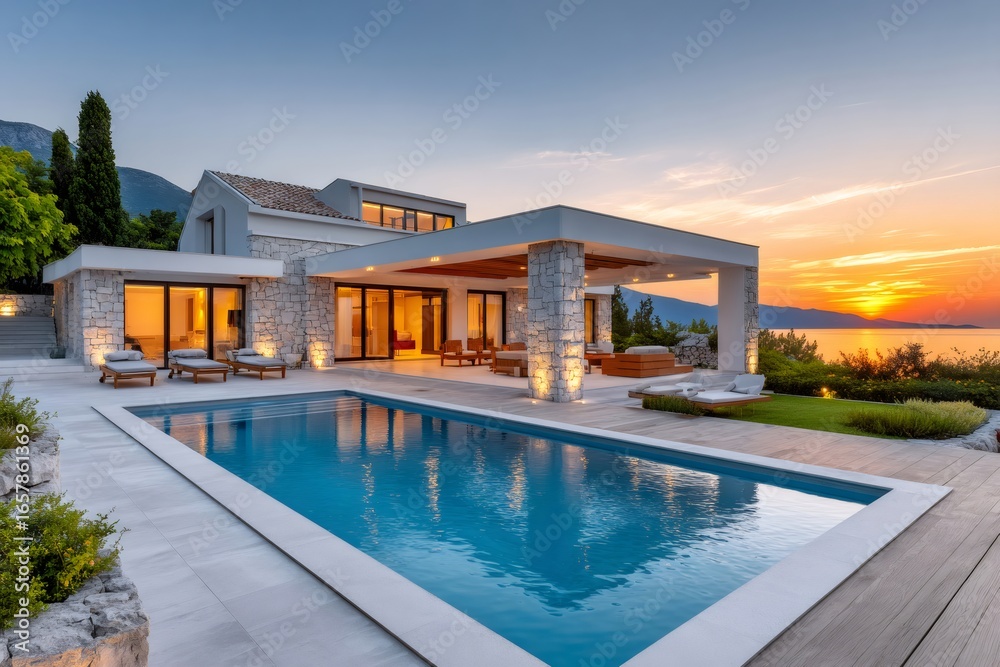 Fototapeta premium Modern luxury villa overlooking tranquil ocean at sunset with infinity pool