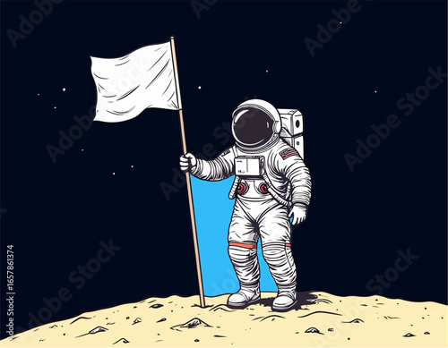 Astronaut with a white flag stands on a desolate moon surface against a starry sky, vector cartoon illustration with a pop art style and blue color fill.